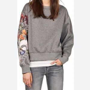 G-Star Grey Damen Loose Sweater Jumper sweatshirt gray floral sleeve crewneck M